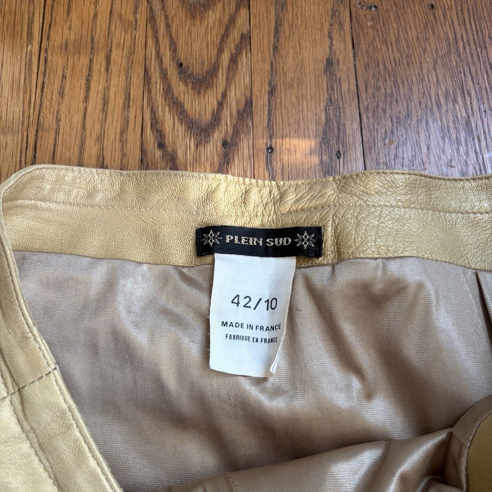 Plein Sud Leather Mini Skirt France Vintage Size 42 Beige 10US - Picture 4 of 8